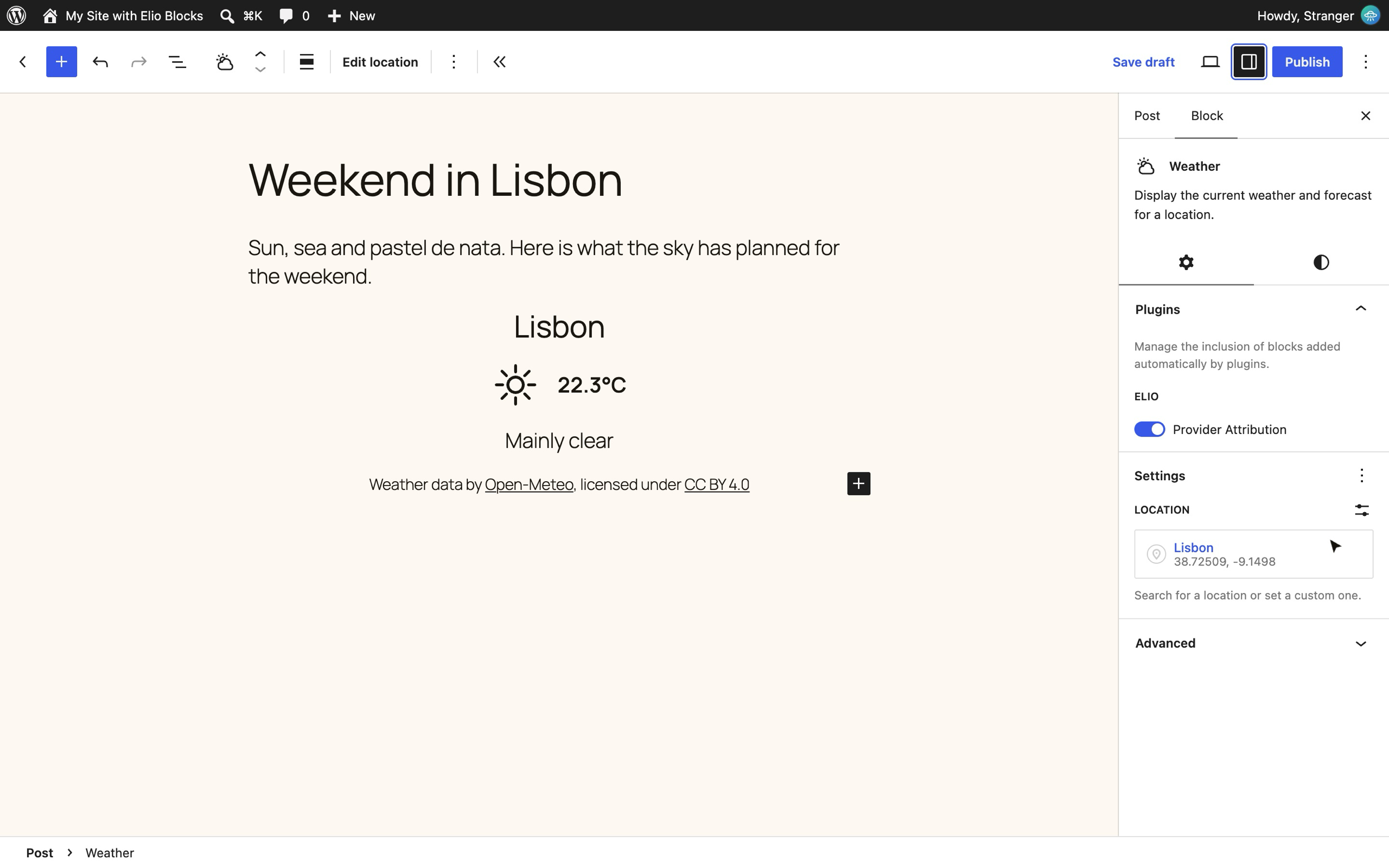 The Weather block in the WordPress Block Editor, with the weather in Lisbon and its location settings.