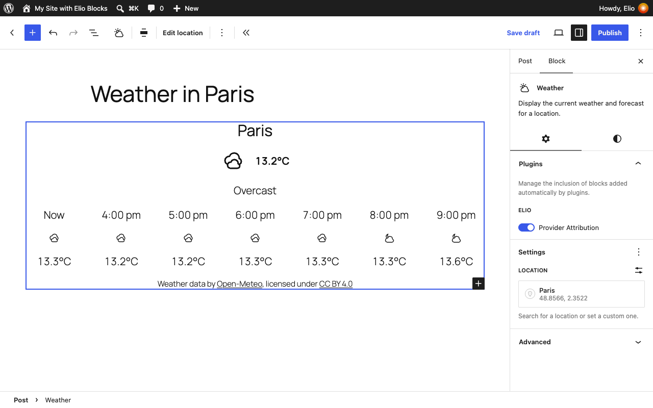 The Hourly Forecast layout in the Block Editor, with the location in the block settings