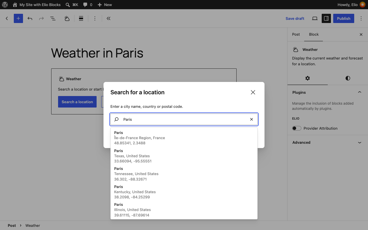 The location search of the Weather block, with the places named Paris